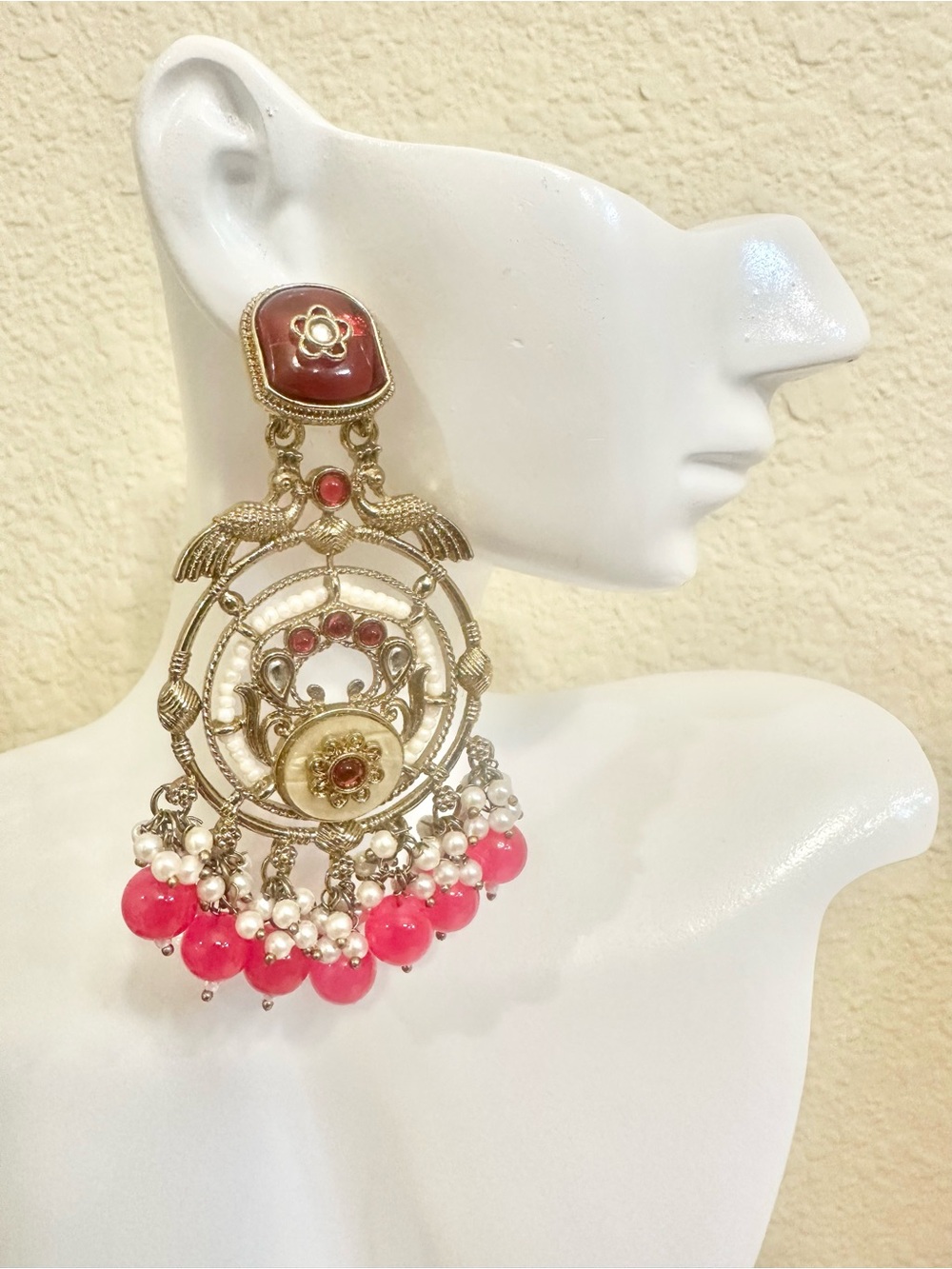 Pink Chandbali earrings blended w/ Jhumka elements ft. Peacock Motifs